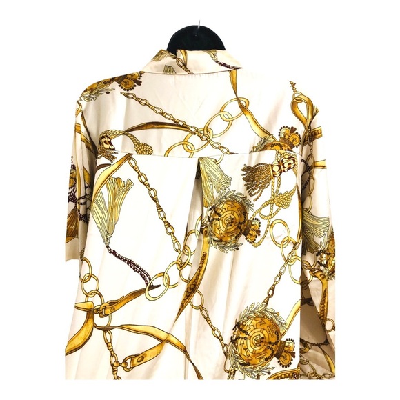 Designer look ivory satin‎ look gold chain print button down blouse top size XL - Picture 8 of 16